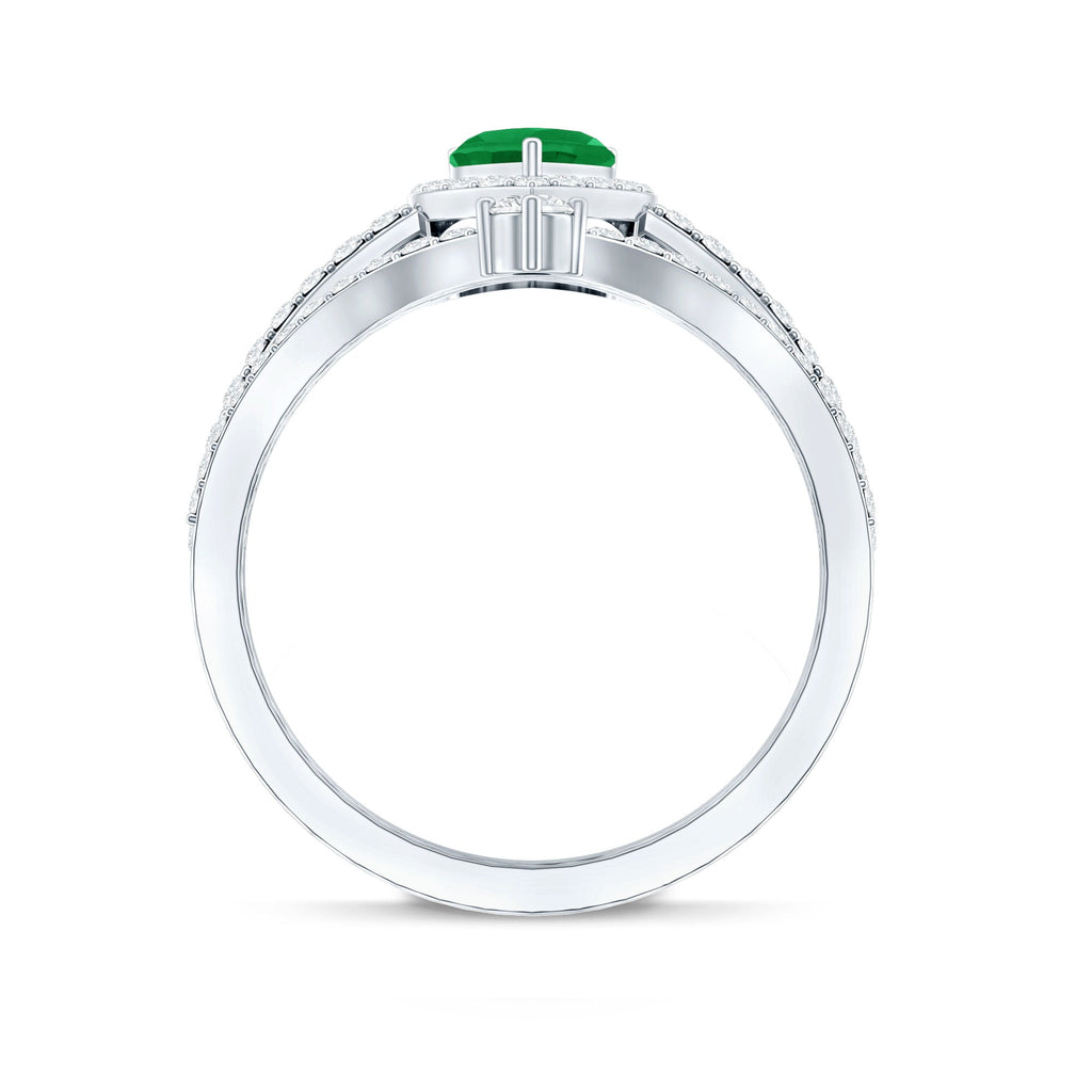 Real Emerald and Diamond Heart Wedding Ring Set with Certificate