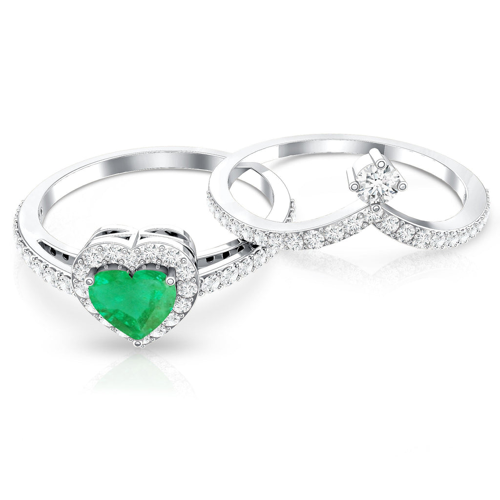 Real Emerald and Diamond Heart Wedding Ring Set with Certificate