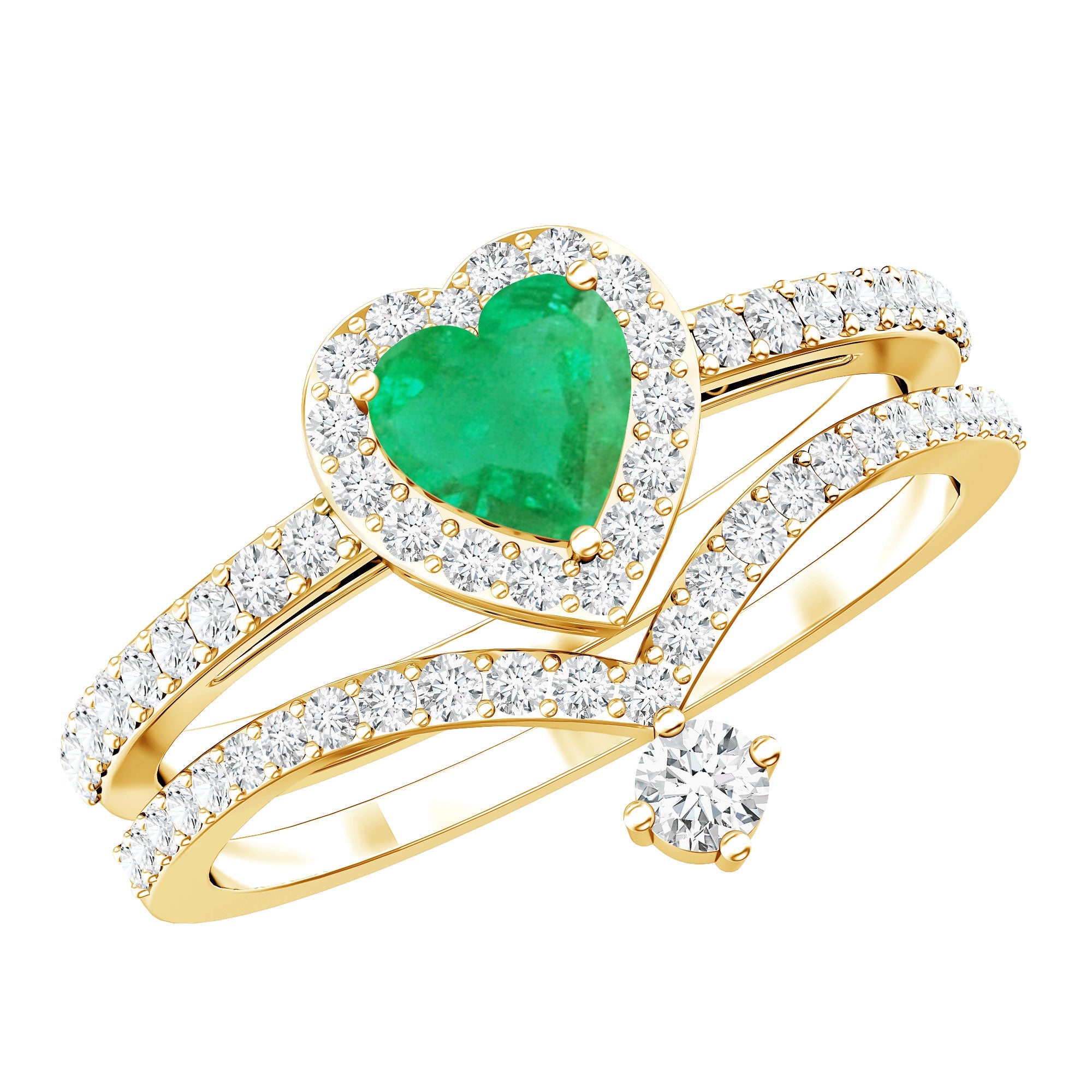 Real Emerald and Diamond Heart Wedding Ring Set with Certificate | Rings | Wiccan Center