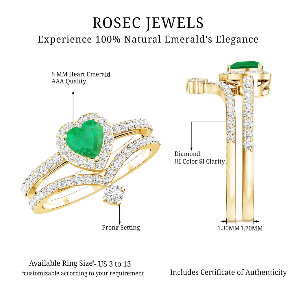 Real Emerald and Diamond Heart Wedding Ring Set with Certificate