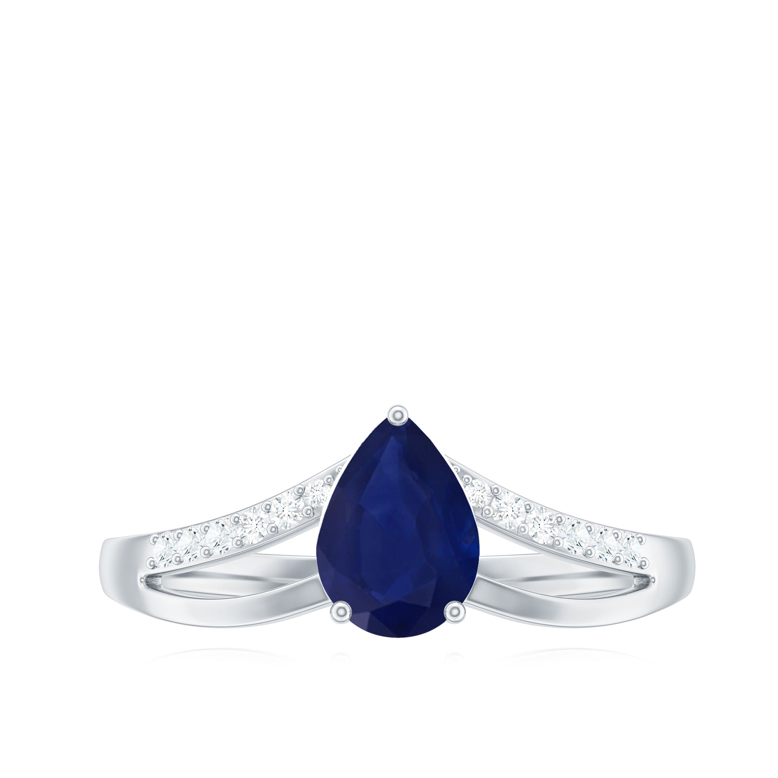 Pear Cut Solitaire Blue Sapphire Split Shank Ring with Diamond
