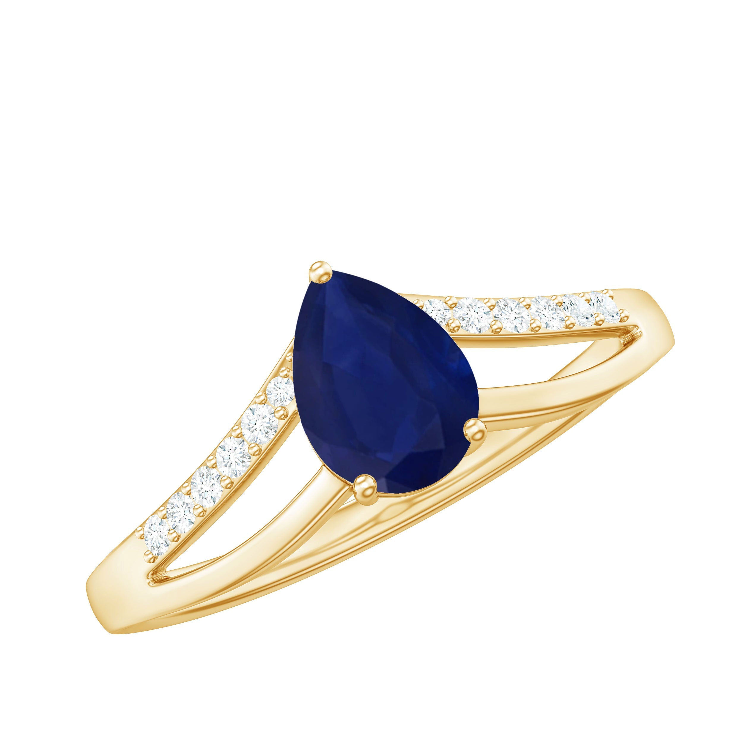 Pear Cut Solitaire Blue Sapphire Split Shank Ring with Diamond | Rings | Wiccan Center