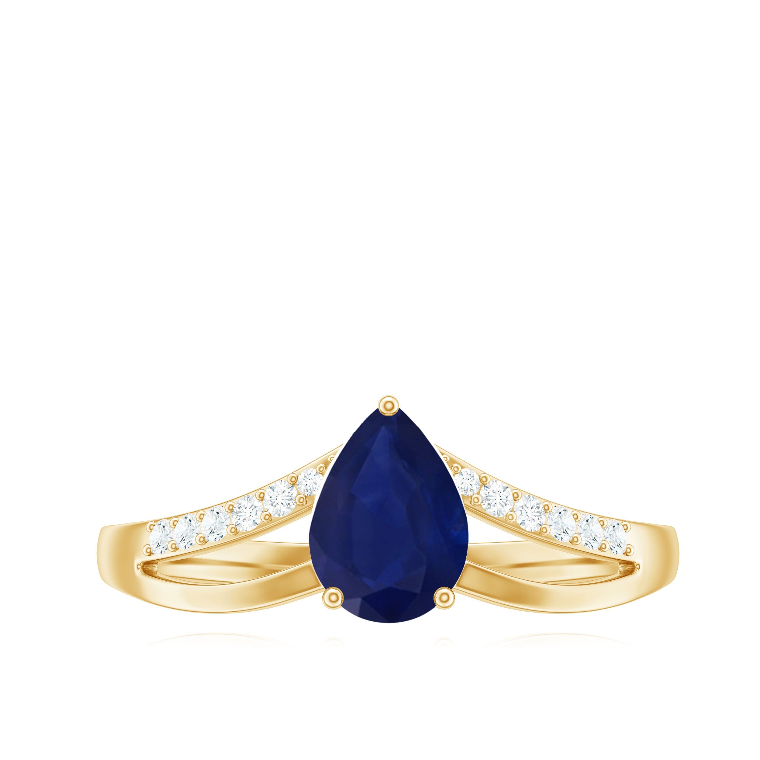 Pear Cut Solitaire Blue Sapphire Split Shank Ring with Diamond