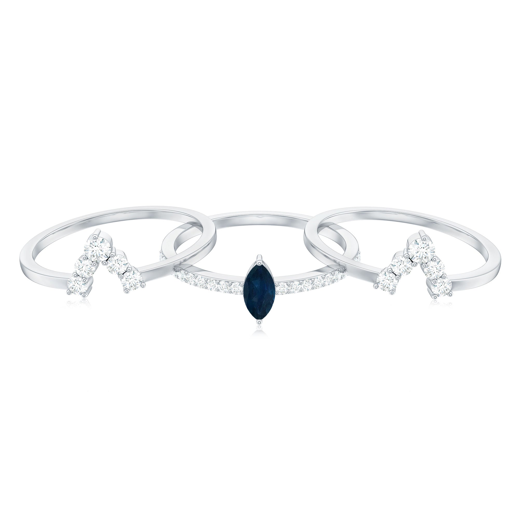 Natural Marquise Cut Blue Sapphire and Diamond Three Piece Stackable Ring Set