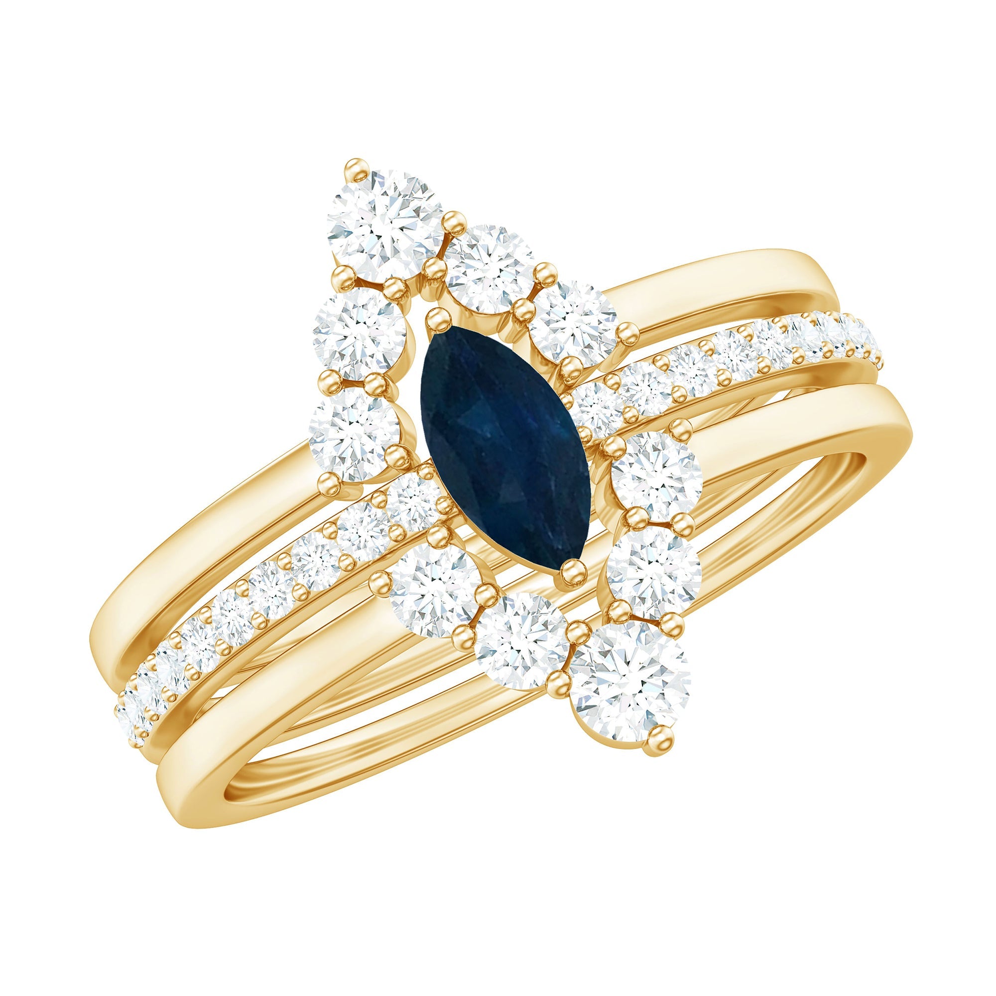 Natural Marquise Cut Blue Sapphire and Diamond Three Piece Stackable Ring Set | Rings | Wiccan Center