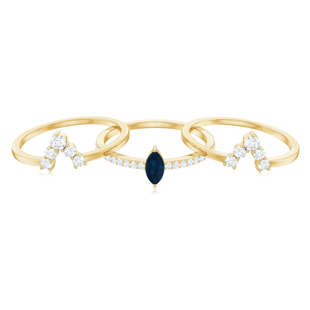 Natural Marquise Cut Blue Sapphire and Diamond Three Piece Stackable Ring Set