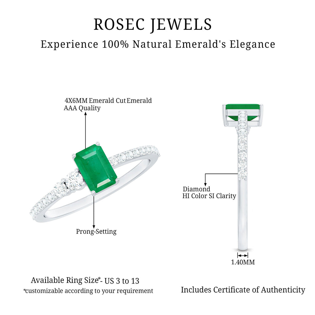 Natural Emerald Cut Emerald Engagement Ring with Diamond Side Stones