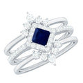 0.4 Carat Princess Cut Blue Sapphire Bridal Ring Set with Moissanite Halo