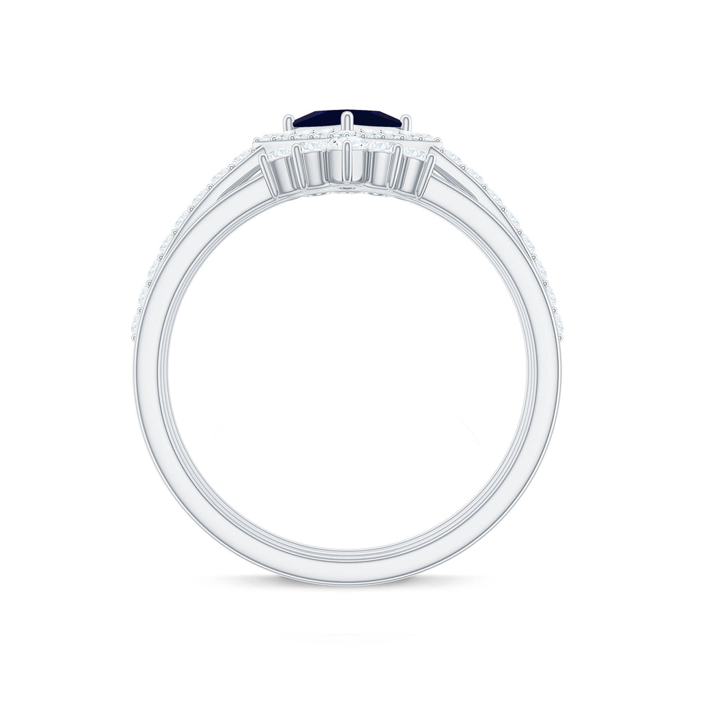 0.4 Carat Princess Cut Blue Sapphire Bridal Ring Set with Moissanite Halo