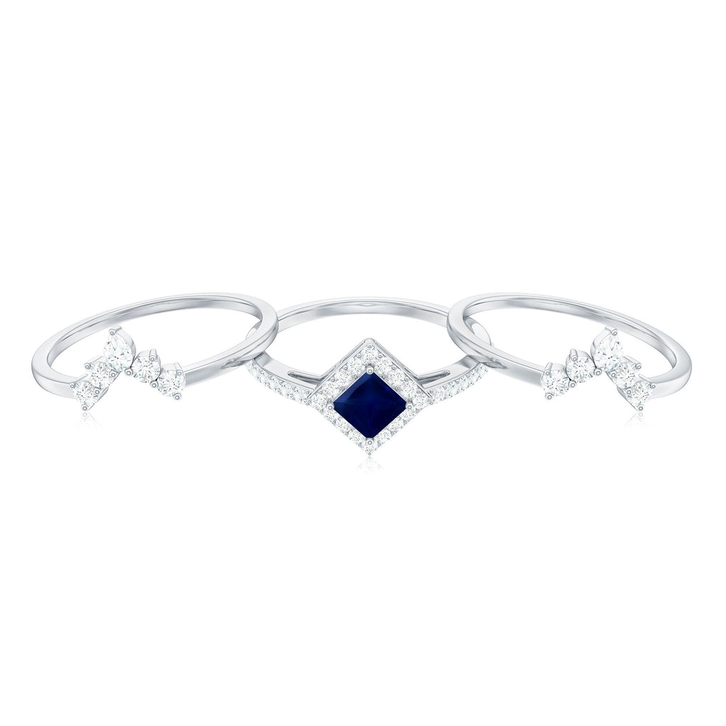 0.4 Carat Princess Cut Blue Sapphire Bridal Ring Set with Moissanite Halo
