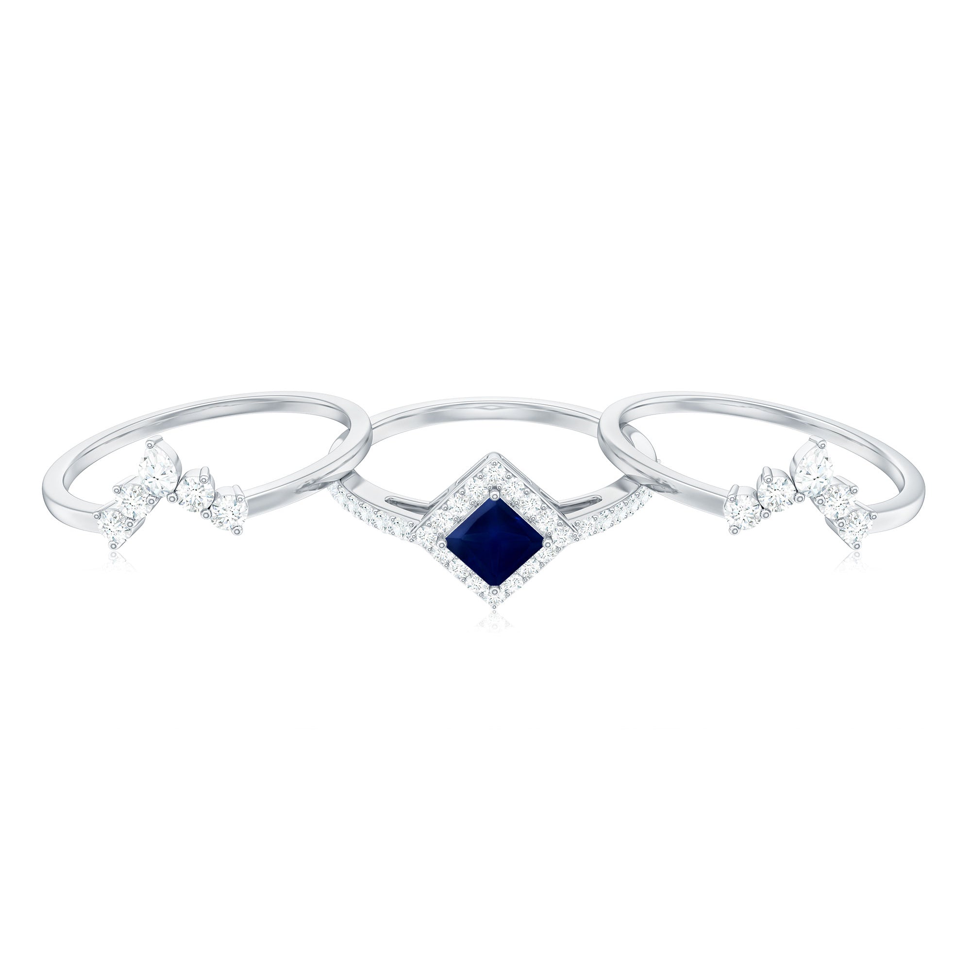 0.4 Carat Princess Cut Blue Sapphire Bridal Ring Set with Moissanite Halo