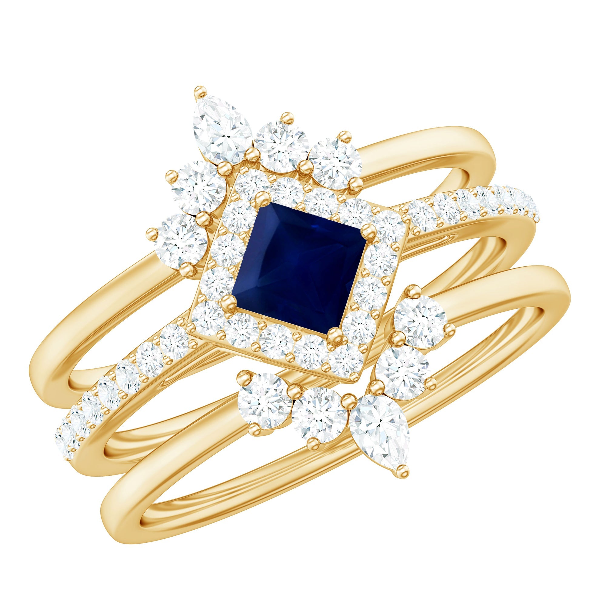 0.4 Carat Princess Cut Blue Sapphire Bridal Ring Set with Moissanite Halo | Rings | Wiccan Center