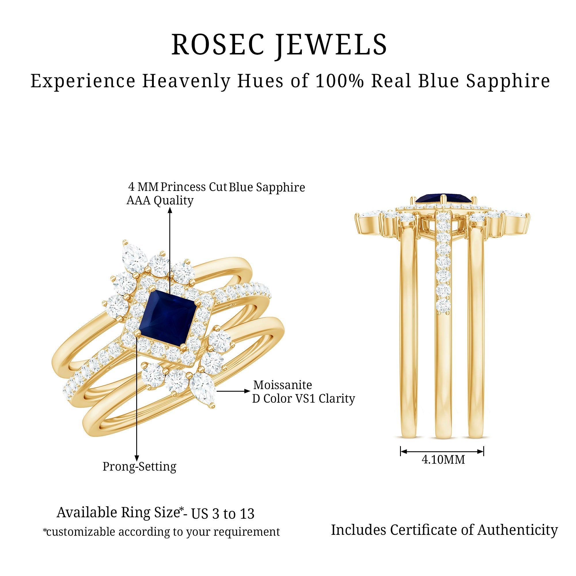 0.4 Carat Princess Cut Blue Sapphire Bridal Ring Set with Moissanite Halo