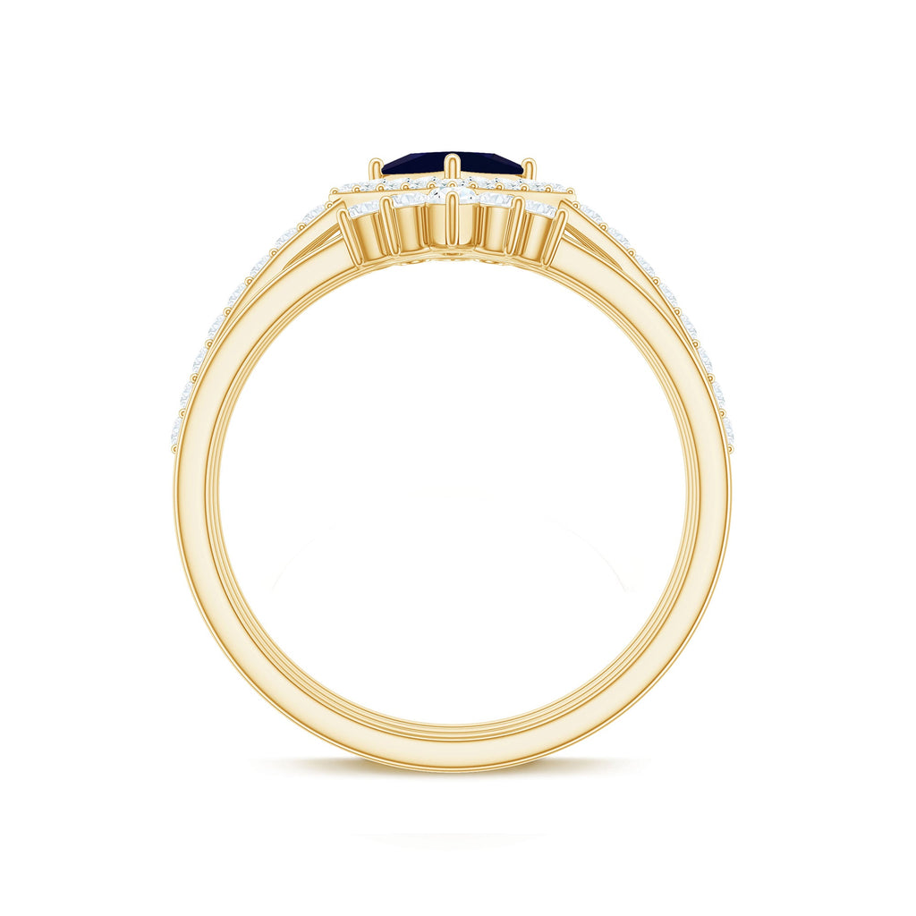 0.4 Carat Princess Cut Blue Sapphire Bridal Ring Set with Moissanite Halo
