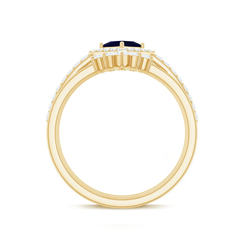 0.4 Carat Princess Cut Blue Sapphire Bridal Ring Set with Moissanite Halo | Rings | Wiccan Center
