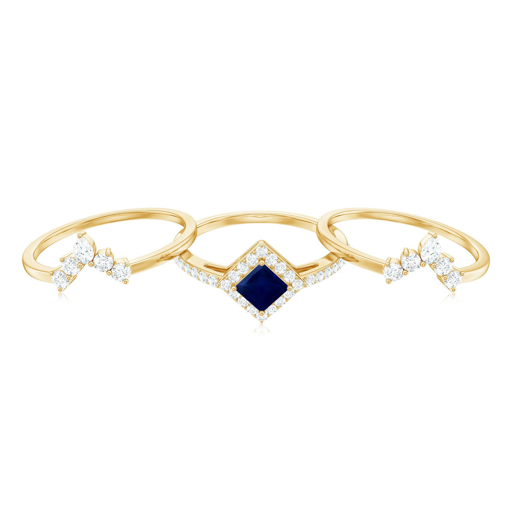 0.4 Carat Princess Cut Blue Sapphire Bridal Ring Set with Moissanite Halo