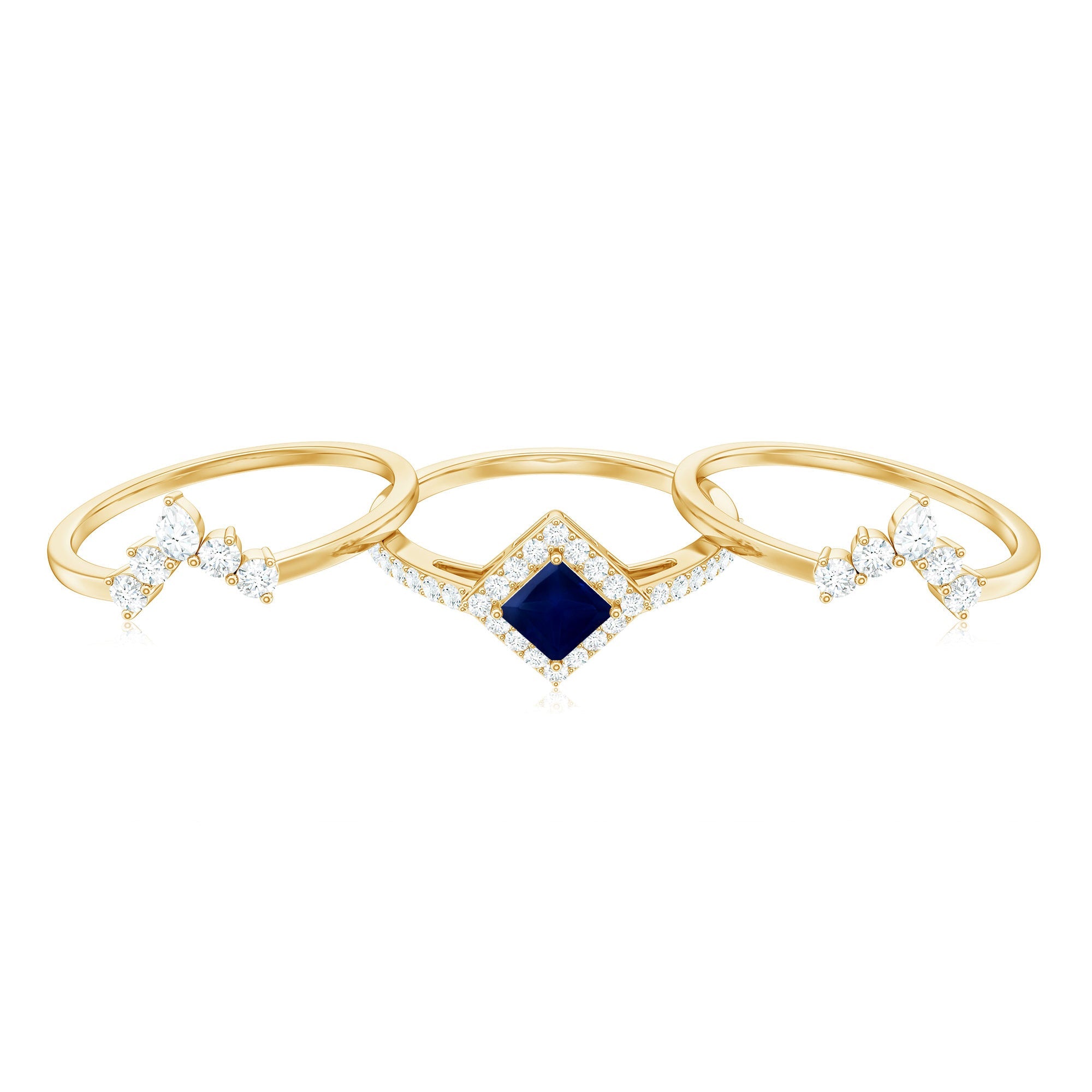 0.4 Carat Princess Cut Blue Sapphire Bridal Ring Set with Moissanite Halo