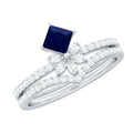 Designer Princess Cut Blue Sapphire and Diamond Flower Wedding Ring Set