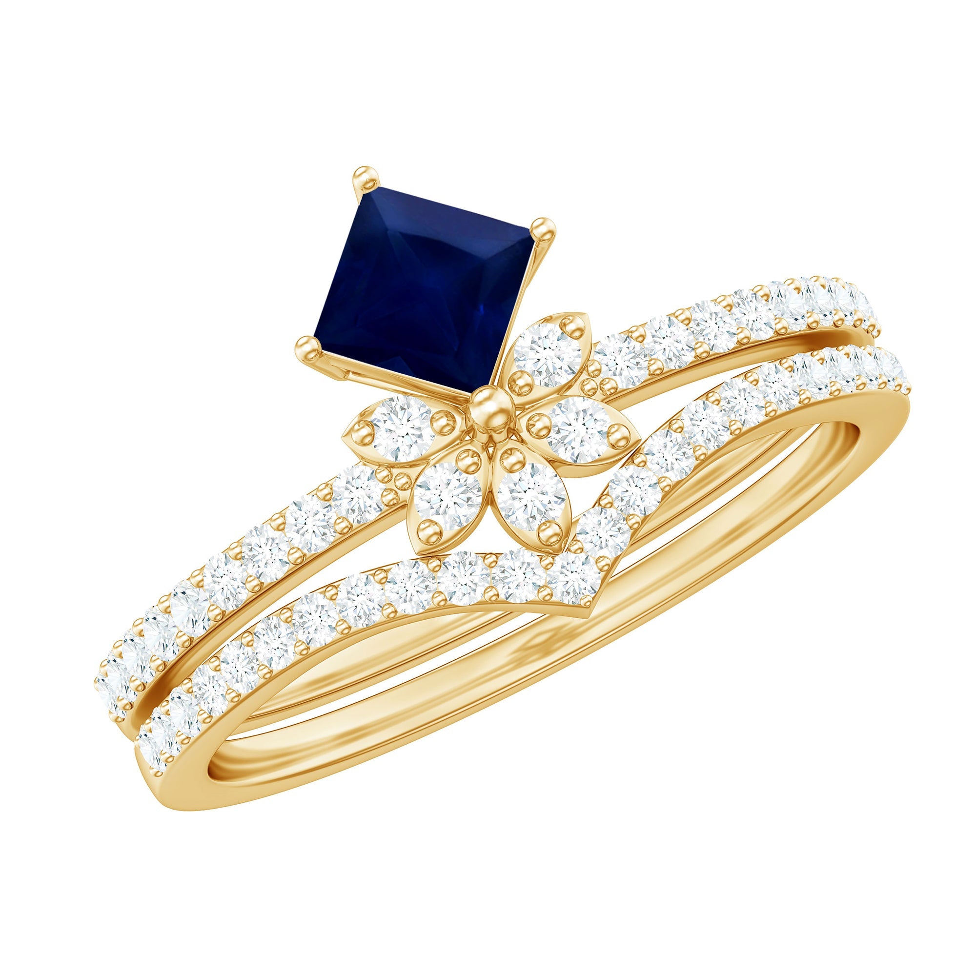 Designer Princess Cut Blue Sapphire and Diamond Flower Wedding Ring Set | Rings | Wiccan Center