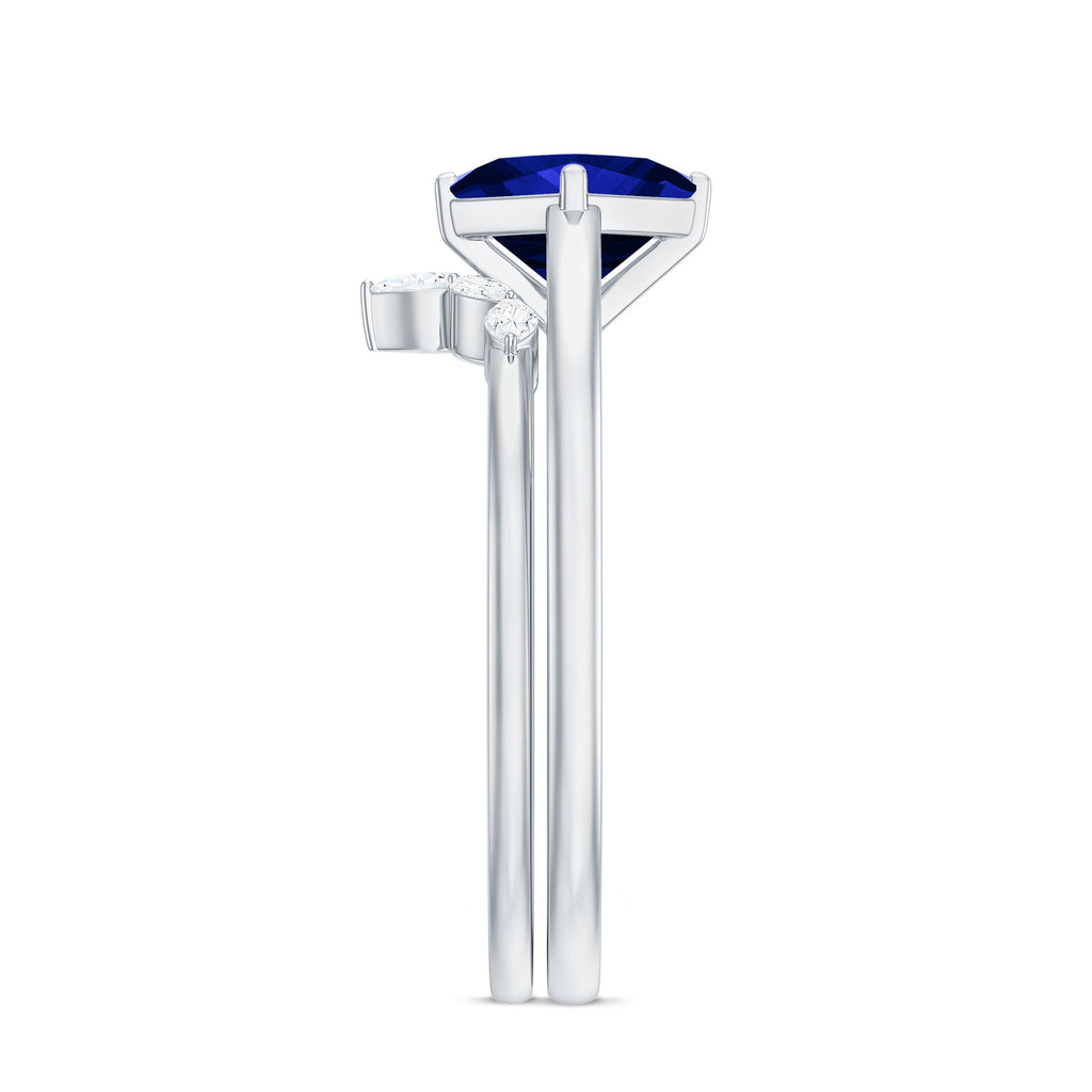 Certified Lab Grown Blue Sapphire Princess Cut Engagement Ring Set with Diamond