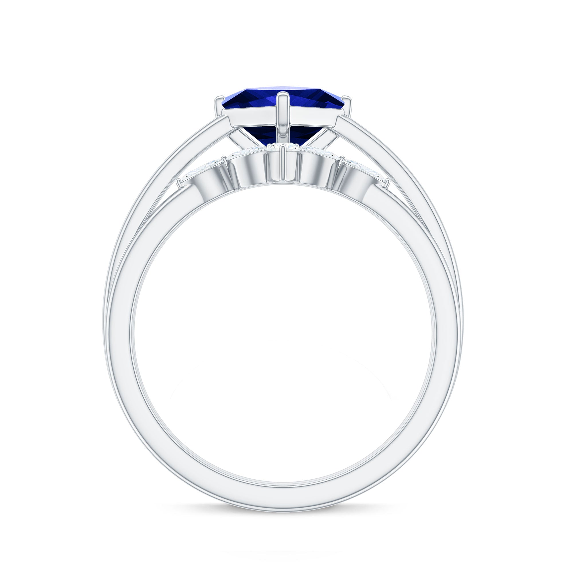Certified Lab Grown Blue Sapphire Princess Cut Engagement Ring Set with Diamond