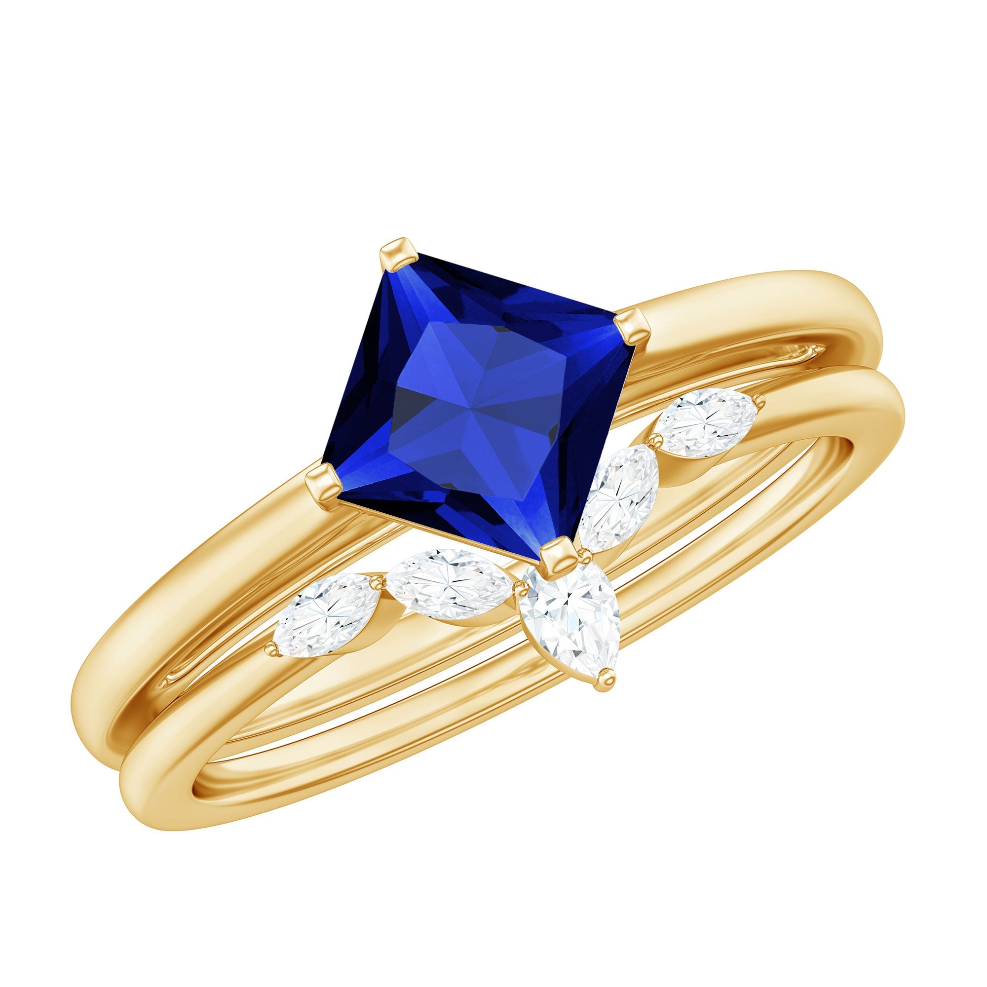 Certified Lab Grown Blue Sapphire Princess Cut Engagement Ring Set with Diamond | Rings | Wiccan Center