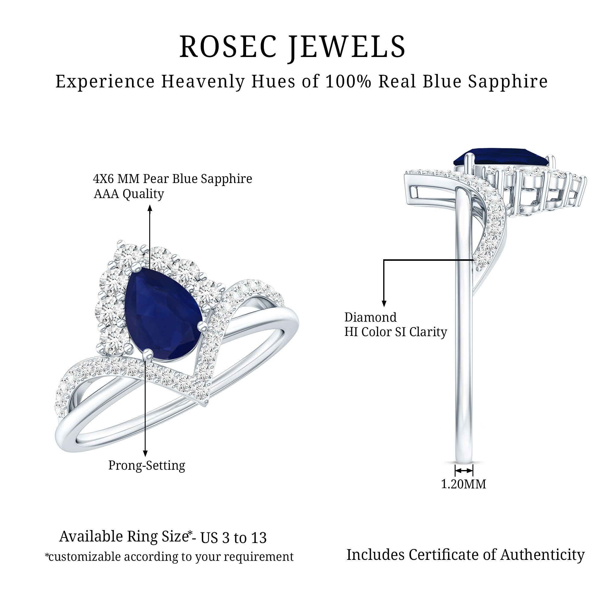 Pear Cut Blue Sapphire Designer Solitaire Ring with Diamond