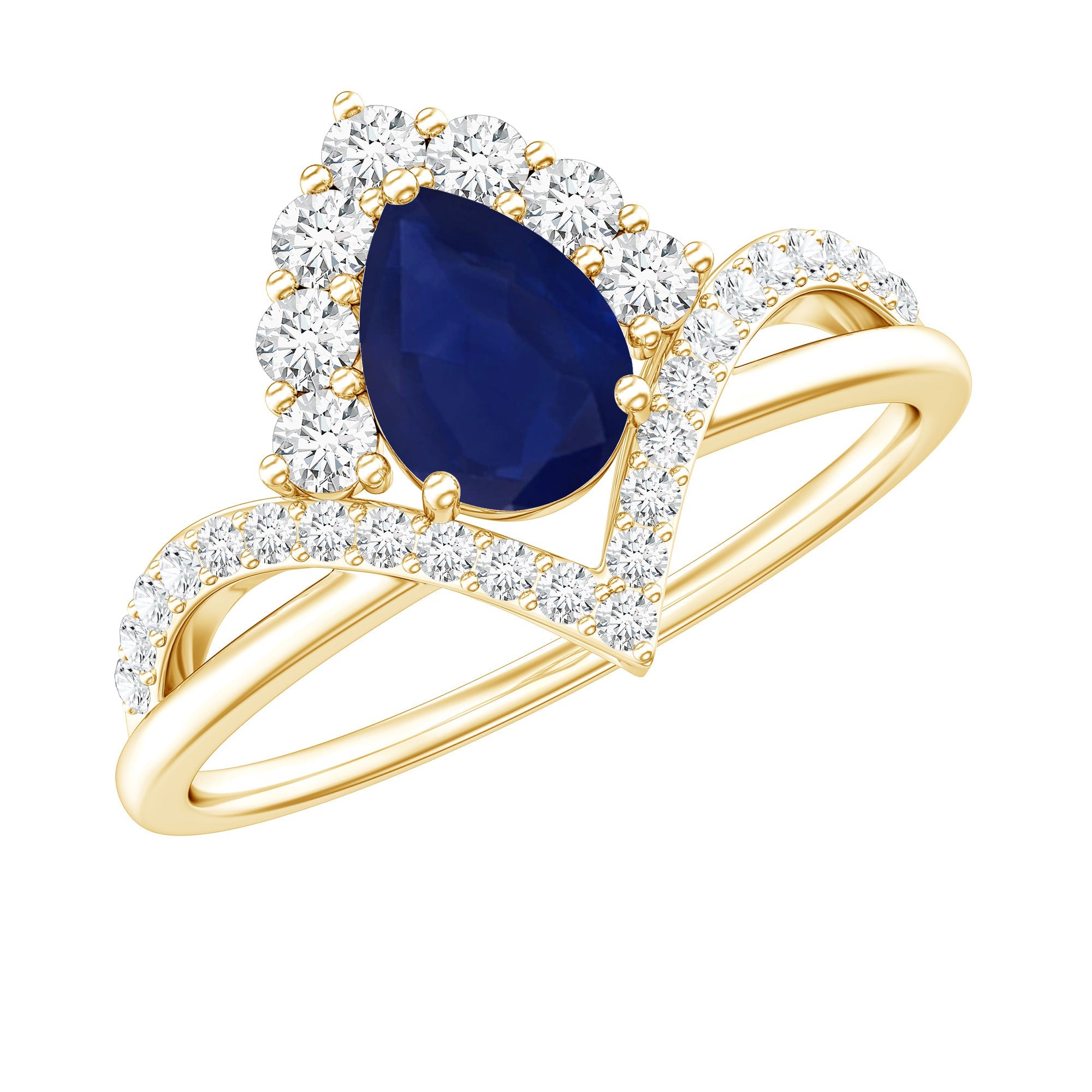 Pear Cut Blue Sapphire Designer Solitaire Ring with Diamond | Rings | Wiccan Center