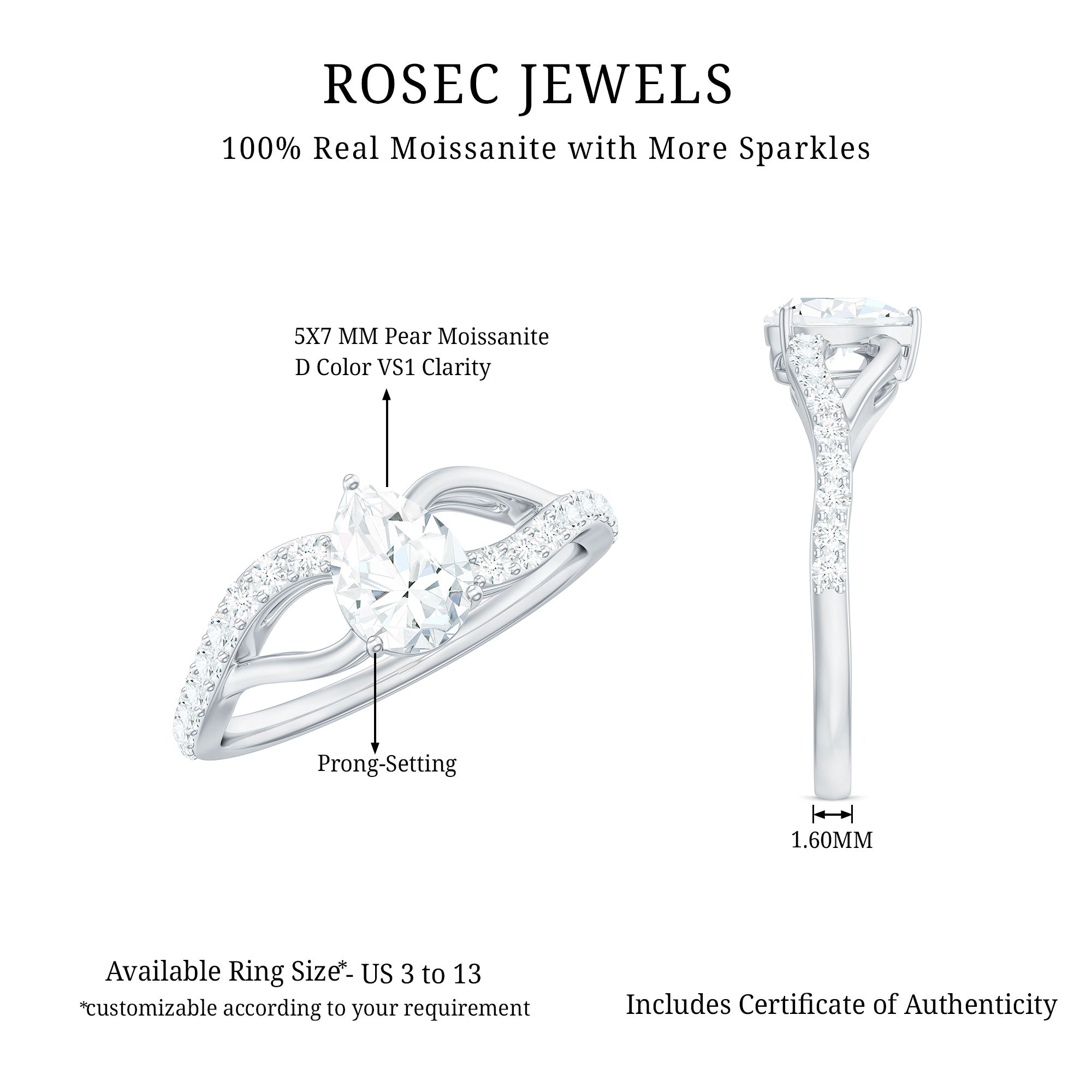 Certified Pear Cut Moissanite Split Shank Engagement Ring