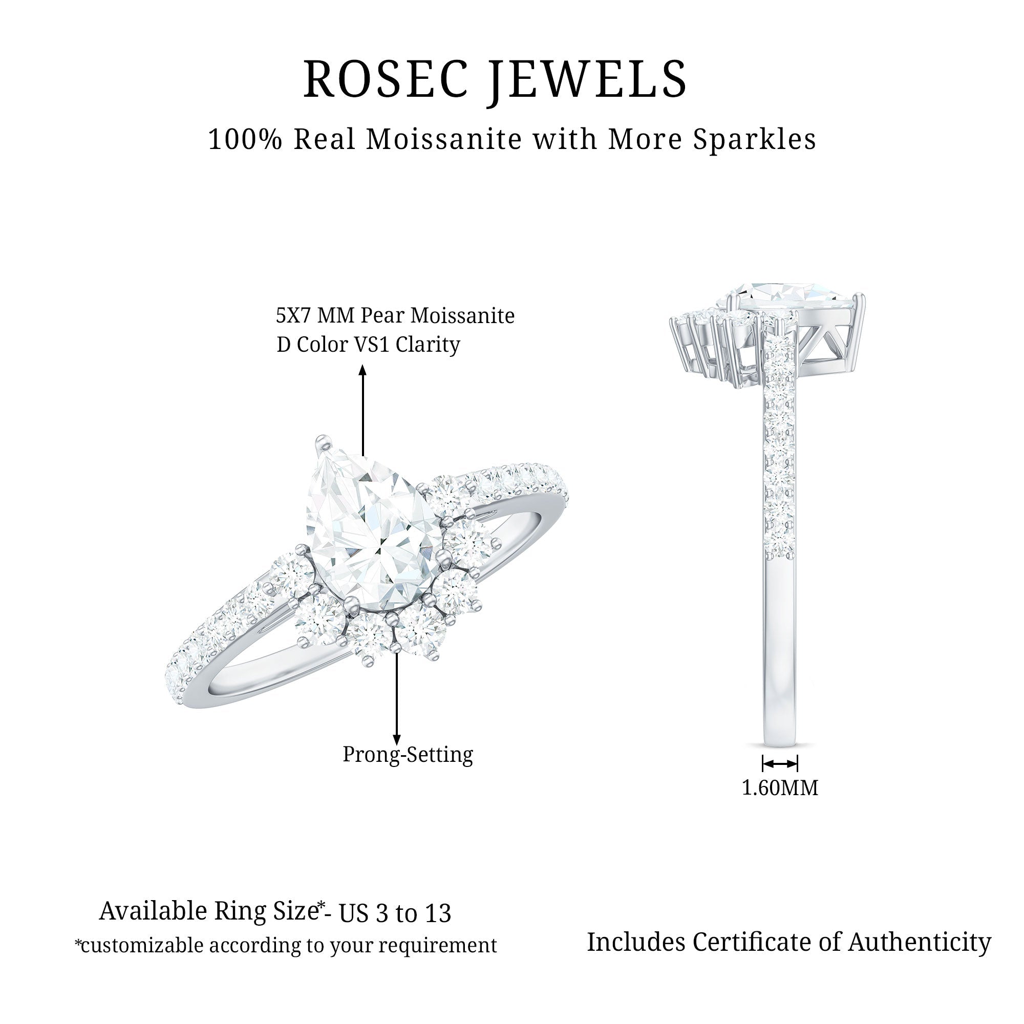 Moissanite Teardrop Engagement Ring with Half Halo