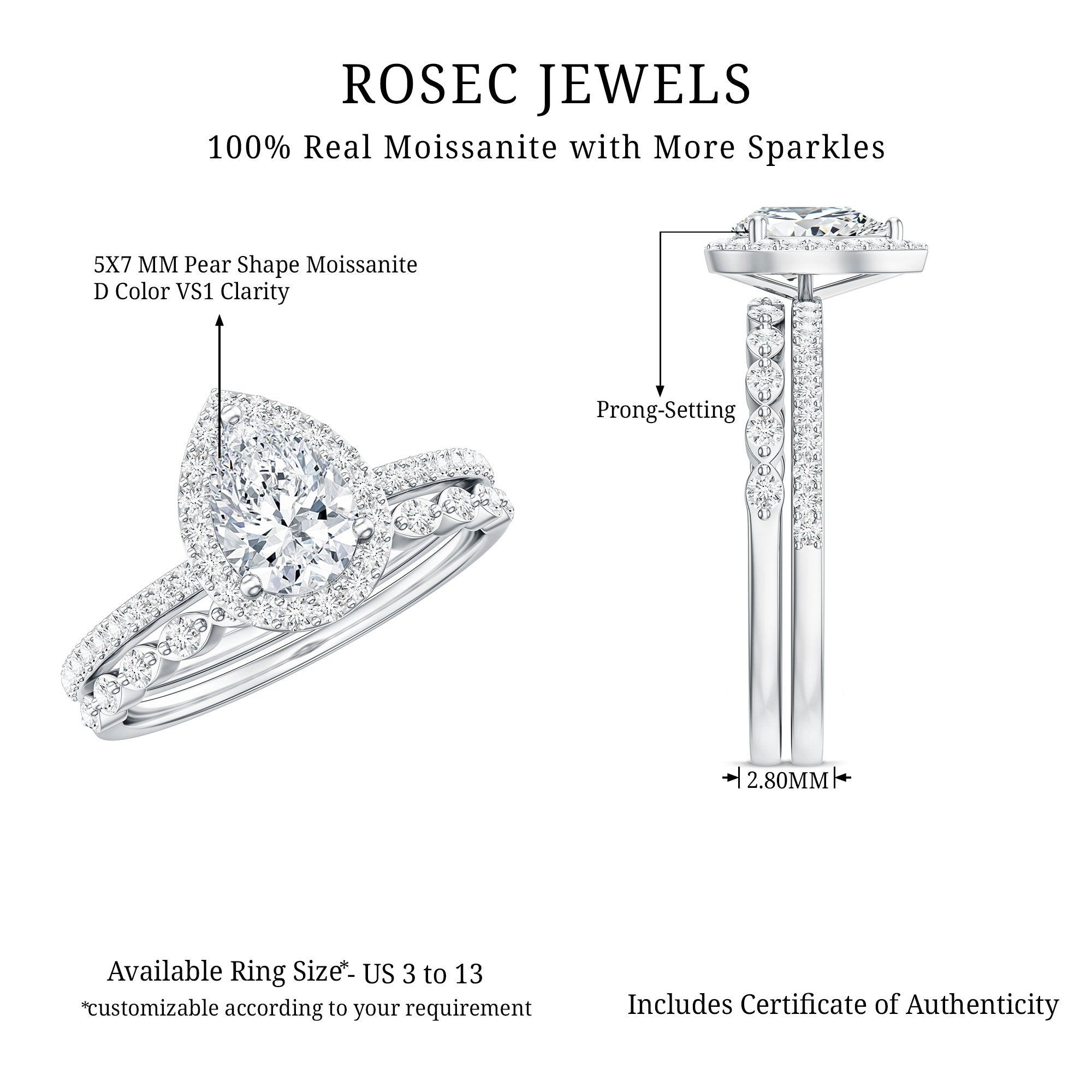 0.7 Carat Moissanite Teardrop Wedding Ring Set with Halo