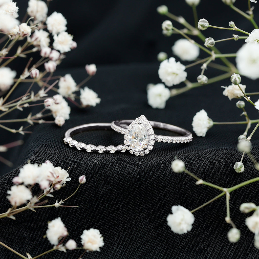 0.7 Carat Moissanite Teardrop Wedding Ring Set with Halo