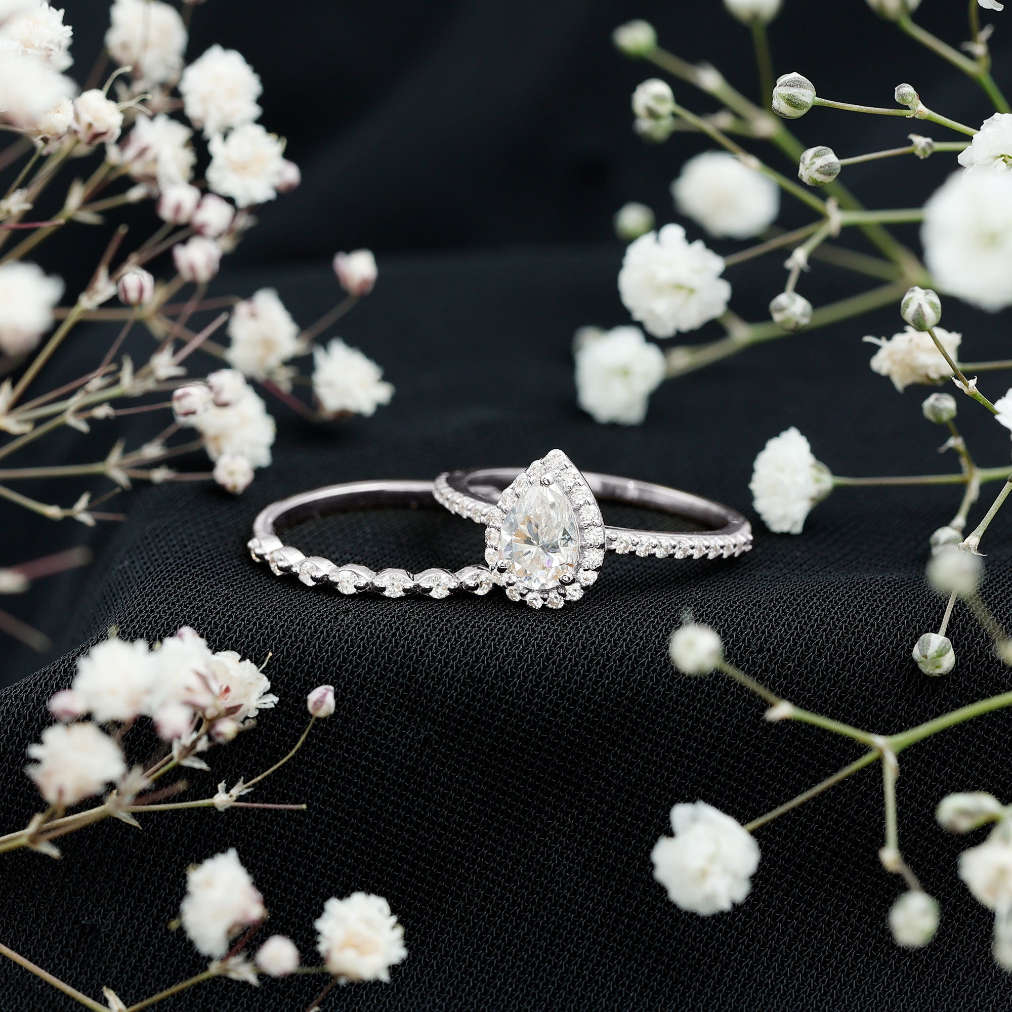 0.7 Carat Moissanite Teardrop Wedding Ring Set with Halo
