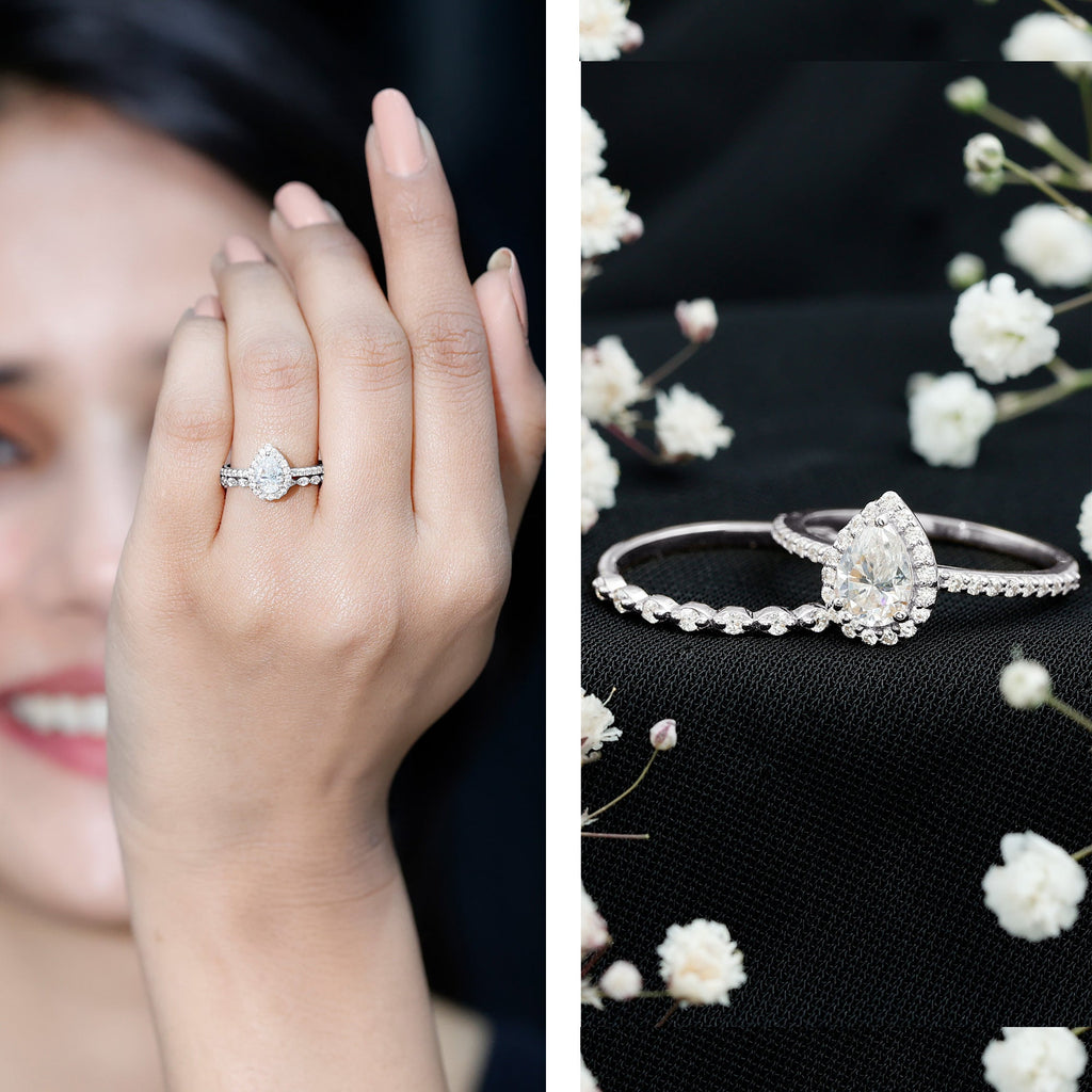0.7 Carat Moissanite Teardrop Wedding Ring Set with Halo