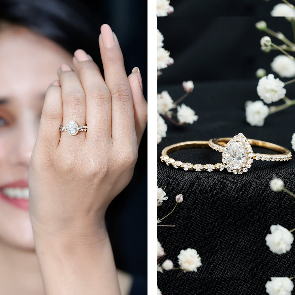 0.7 Carat Moissanite Teardrop Wedding Ring Set with Halo
