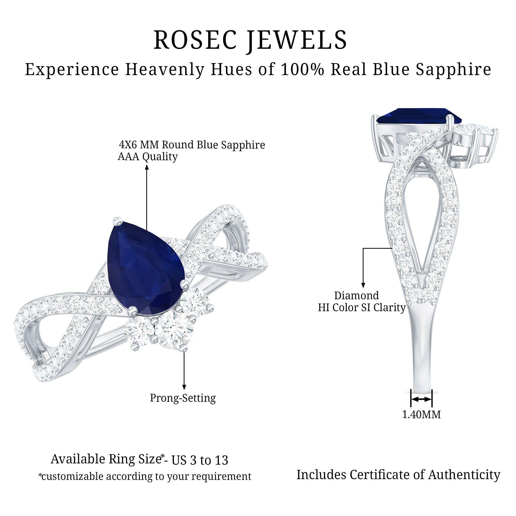 Real 0.5 Blue Sapphire Pear Shape Engagement Ring with Diamond Crossover