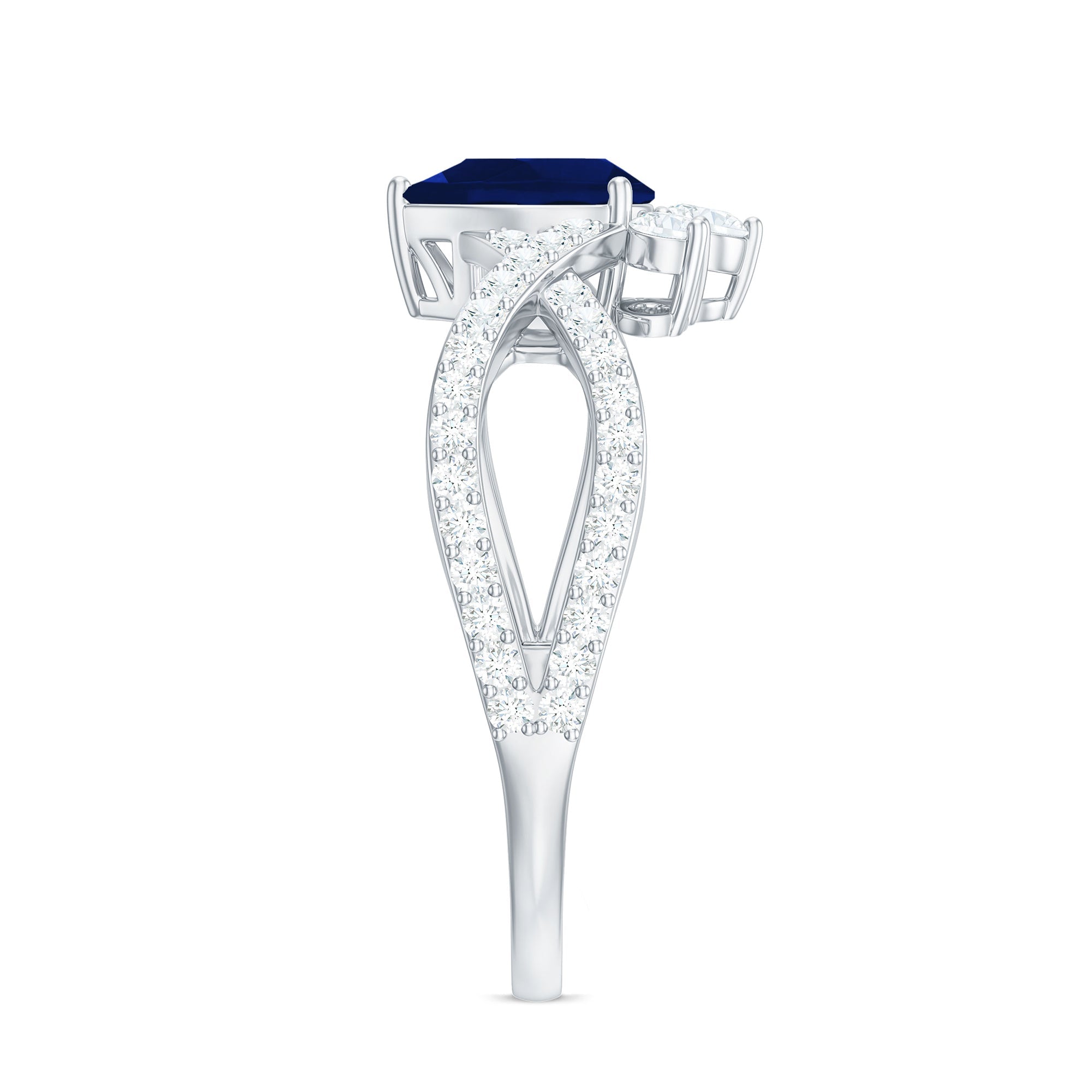 Real 0.5 Blue Sapphire Pear Shape Engagement Ring with Diamond Crossover