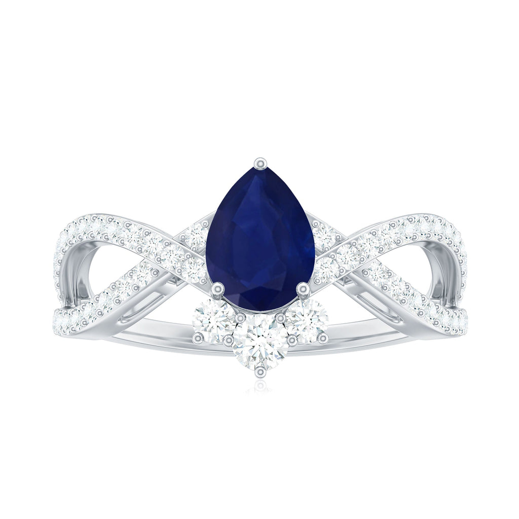 Real 0.5 Blue Sapphire Pear Shape Engagement Ring with Diamond Crossover