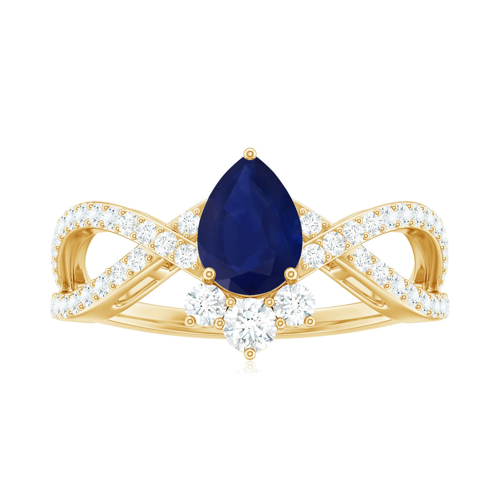 Real 0.5 Blue Sapphire Pear Shape Engagement Ring with Diamond Crossover