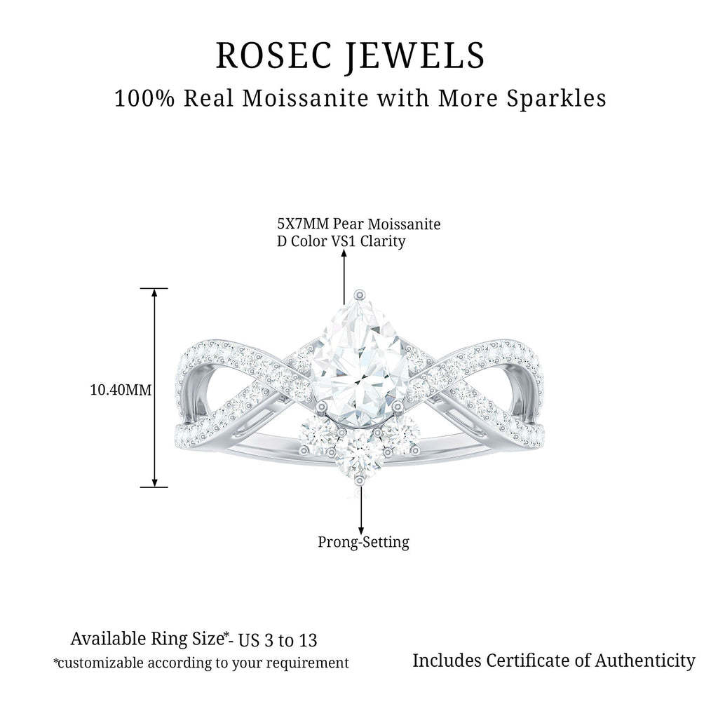 Designer Pear Shaped Moissanite Crossover Engagement Ring