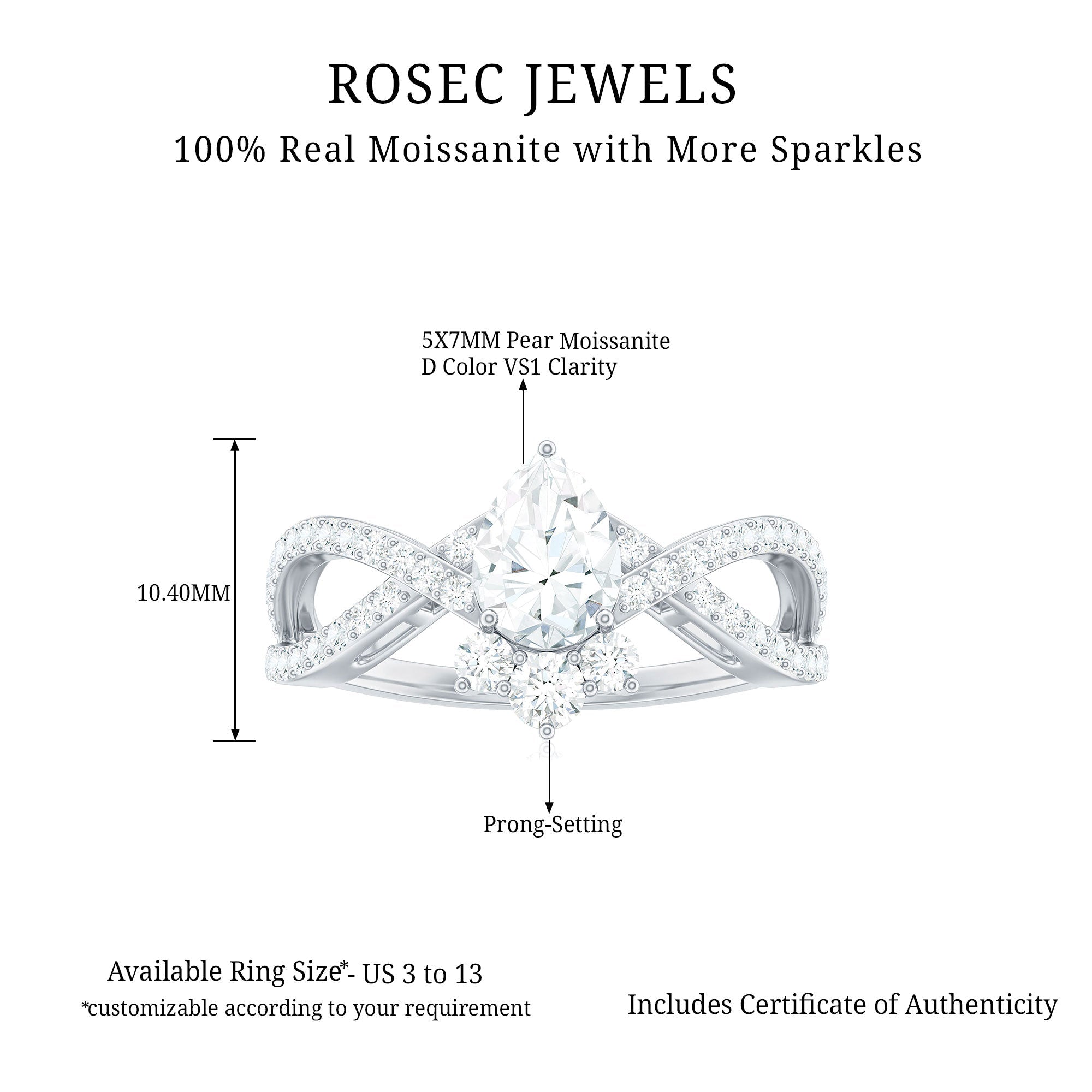 Designer Pear Shaped Moissanite Crossover Engagement Ring