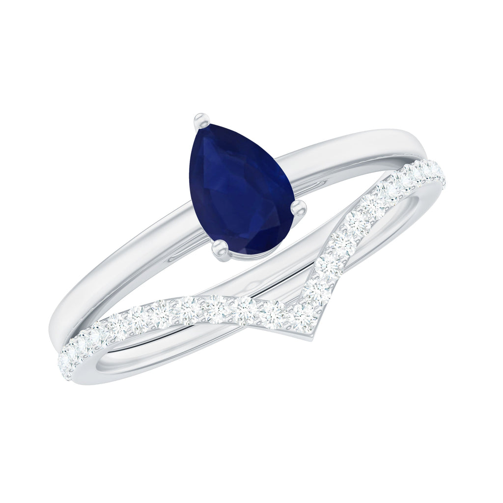 0.5 Carat Pear Cut Blue Sapphire Solitaire Ring Set with Diamond Enhancer Band