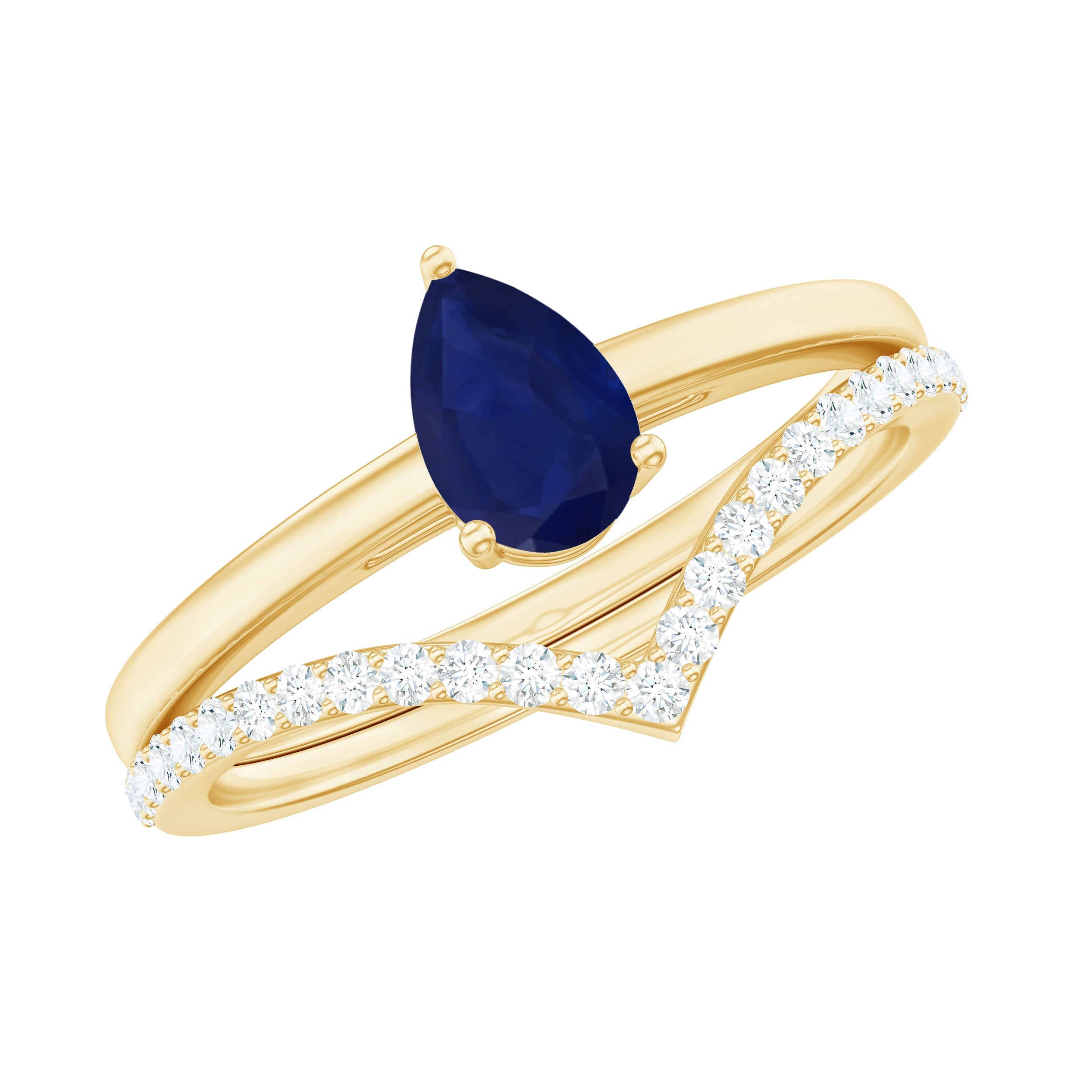 0.5 Carat Pear Cut Blue Sapphire Solitaire Ring Set with Diamond Enhancer Band | Rings | Wiccan Center