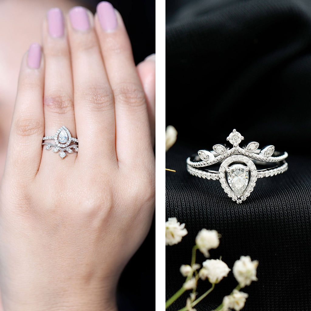 Vintage Style Moissanite Teardrop Wedding Ring Set