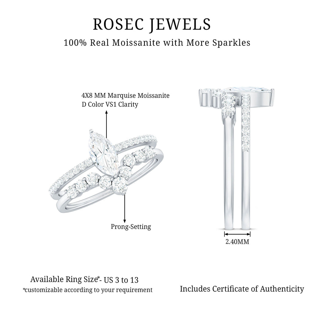 Marquise Cut Moissanite Engagement Ring with V-Shaped Wedding Band