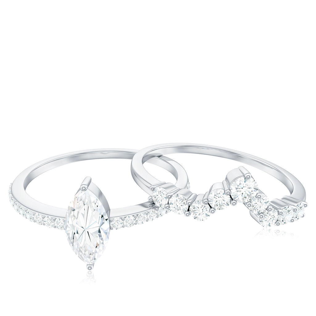 Marquise Cut Moissanite Engagement Ring with V-Shaped Wedding Band