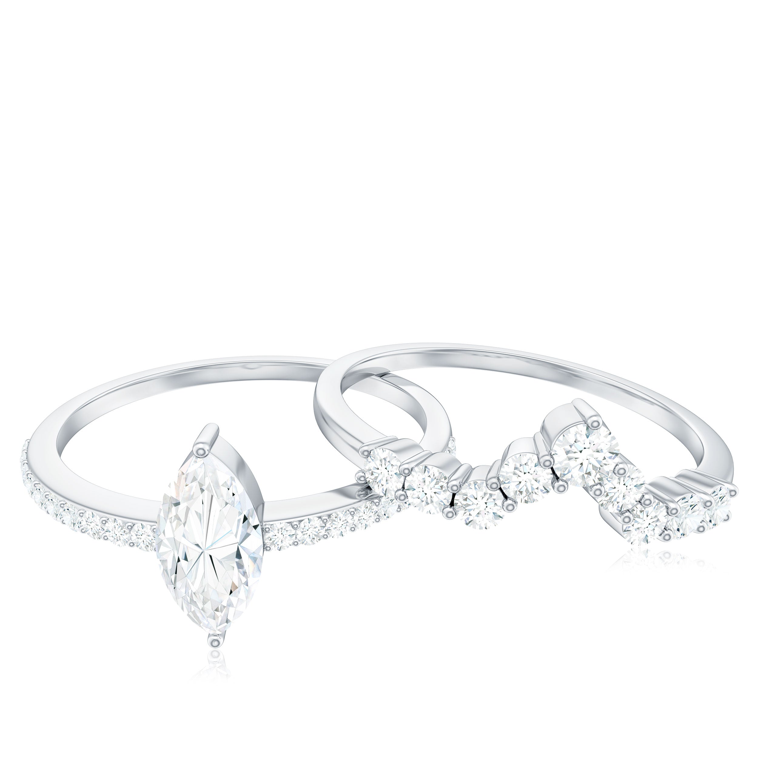 Marquise Cut Moissanite Engagement Ring with V-Shaped Wedding Band