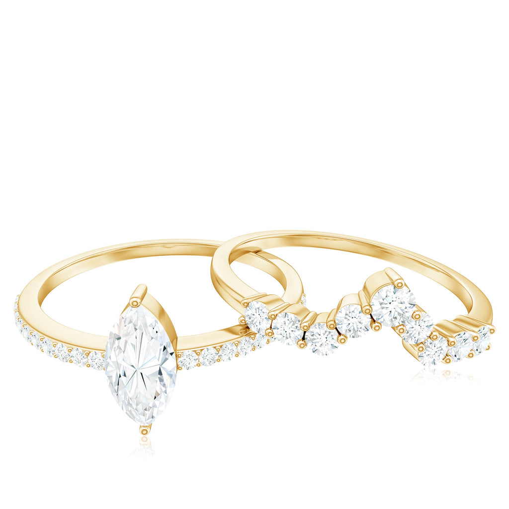 Marquise Cut Moissanite Engagement Ring with V-Shaped Wedding Band