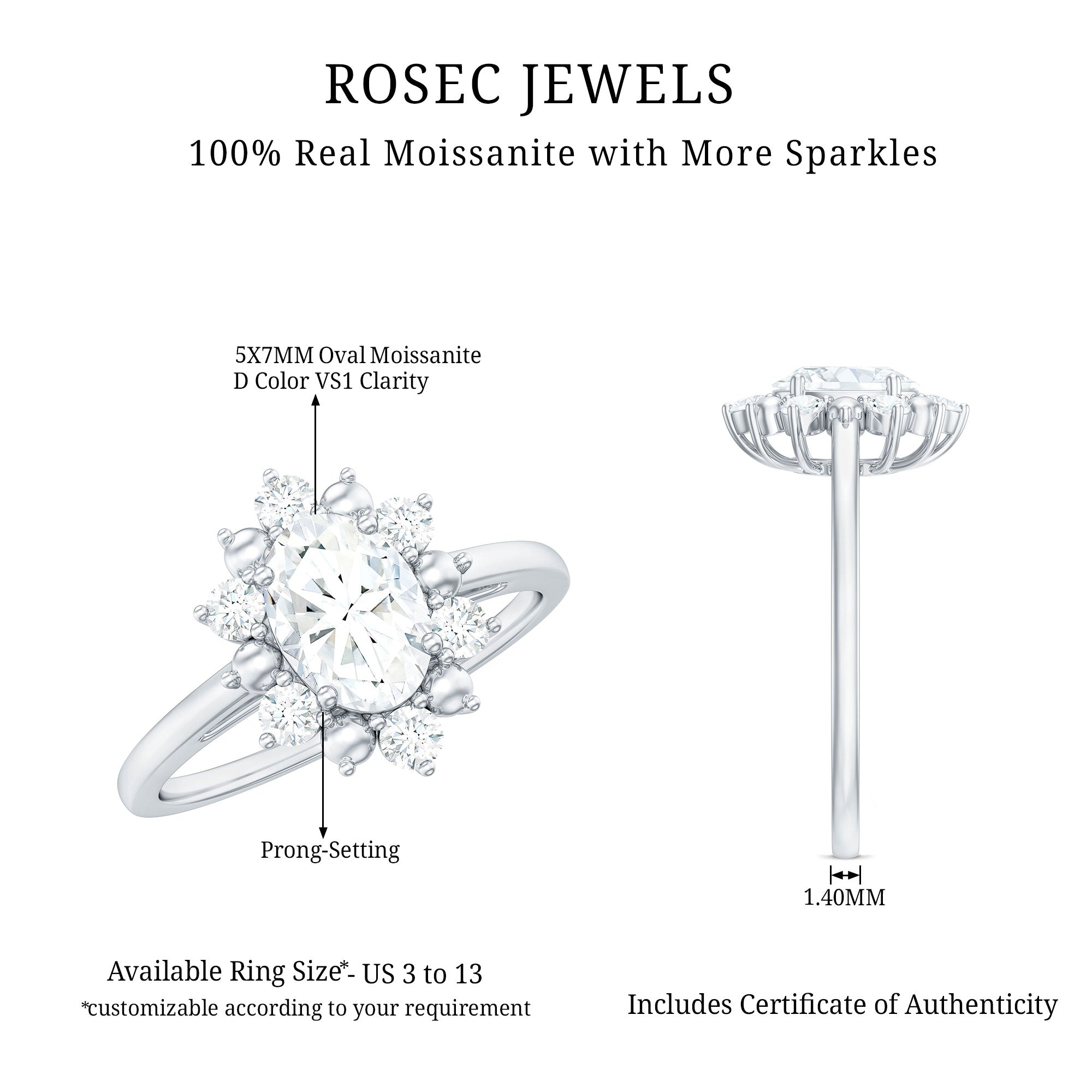 Certified Oval Moissanite Flower Halo Engagement Ring