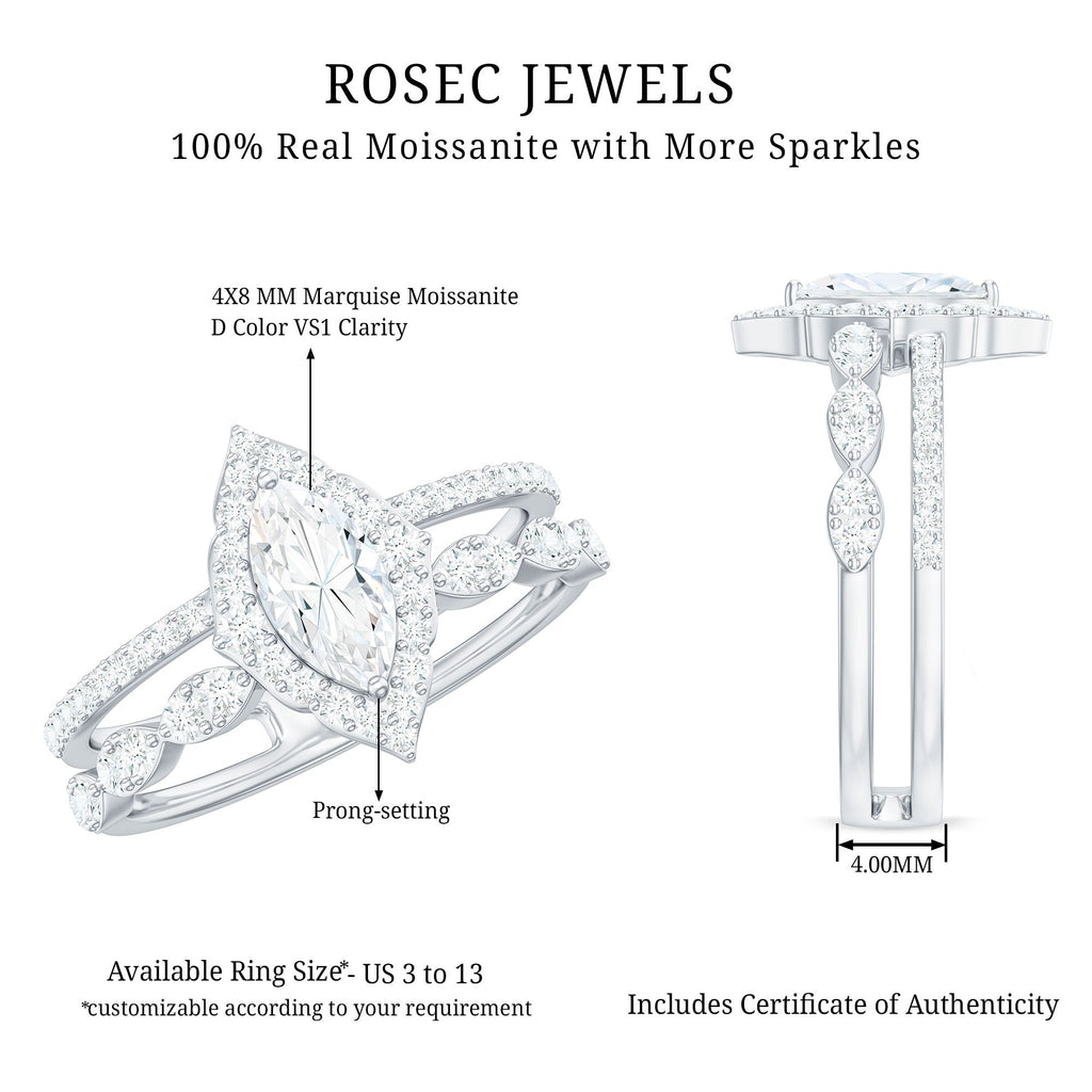 Marquise Cut Moissanite Double Band Engagement Ring with Certificate